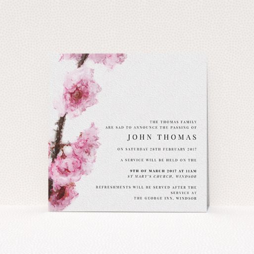 A funeral notification card called "Blossom at an angle". It is a square (148mm x 148mm) card in a square orientation. "Blossom at an angle" is available as a flat card, with tones of pink and white.