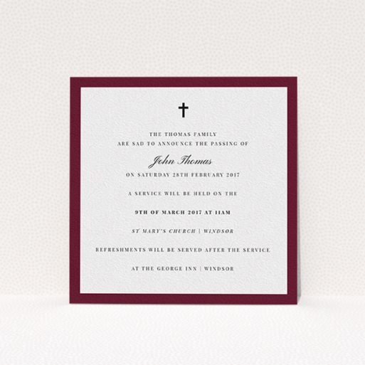 A funeral notification card design named "Classic border". It is a square (148mm x 148mm) card in a square orientation. "Classic border" is available as a flat card, with tones of burgundy and white.