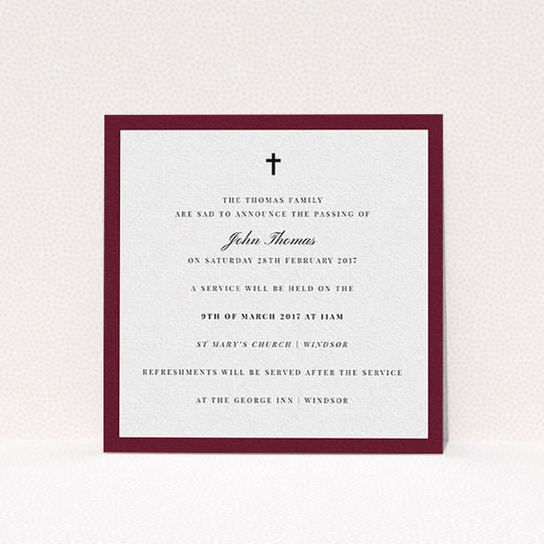 A funeral notification card design named "Classic border". It is a square (148mm x 148mm) card in a square orientation. "Classic border" is available as a flat card, with tones of burgundy and white.