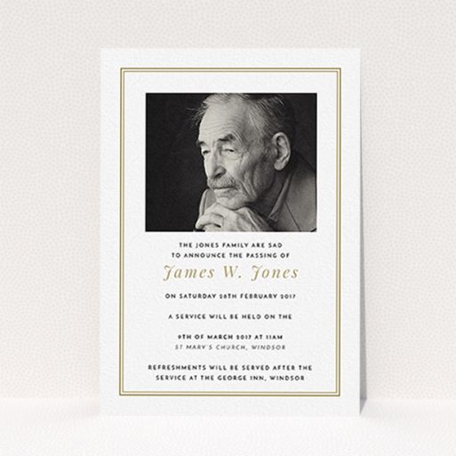 A funeral notification card template titled "Classic remembrance". It is an A6 card in a portrait orientation. It is a photographic funeral notification card with room for 1 photo. "Classic remembrance" is available as a flat card, with tones of gold and white.