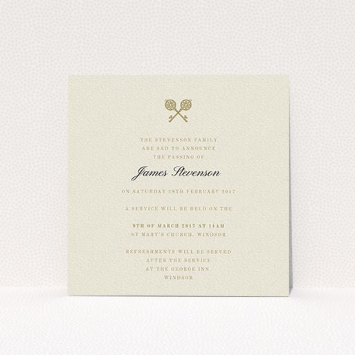 A funeral notification card design named "Cross Keys". It is a square (148mm x 148mm) card in a square orientation. "Cross Keys" is available as a flat card, with tones of cream and gold.