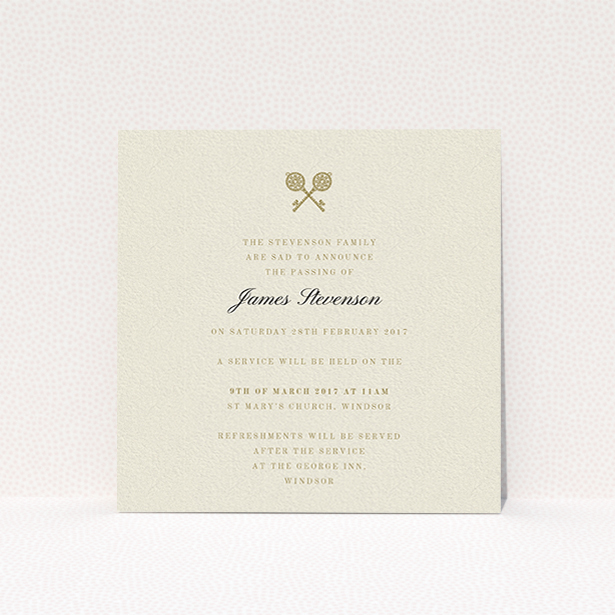 A funeral notification card design named "Cross Keys". It is a square (148mm x 148mm) card in a square orientation. "Cross Keys" is available as a flat card, with tones of cream and gold.