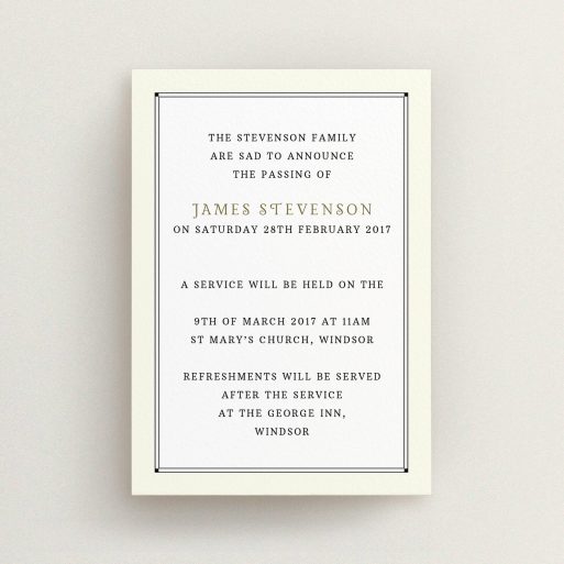 A funeral notification card design titled "Deco notch border". It is an A6 card in a portrait orientation. "Deco notch border" is available as a flat card, with mainly cream colouring.