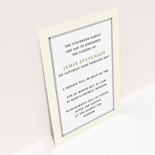 A funeral notification card design titled "Deco notch border". It is an A6 card in a portrait orientation. "Deco notch border" is available as a flat card, with mainly cream colouring.