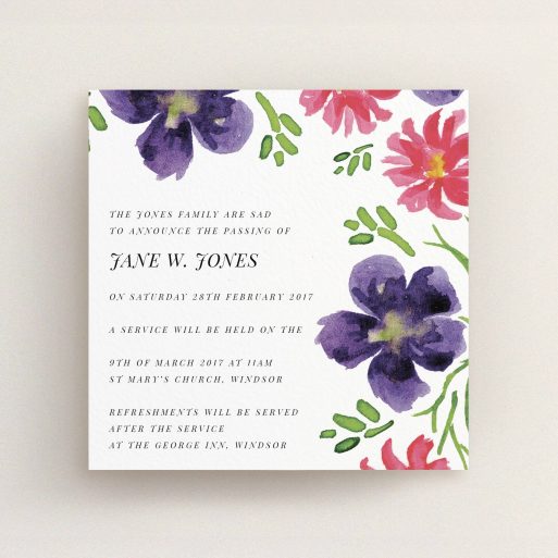 A funeral notification card design titled "Flowers are coming". It is a square (148mm x 148mm) card in a square orientation. "Flowers are coming" is available as a flat card, with tones of white and purple.