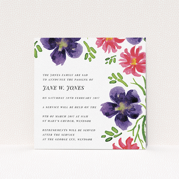 A funeral notification card design titled "Flowers are coming". It is a square (148mm x 148mm) card in a square orientation. "Flowers are coming" is available as a flat card, with tones of white and purple.