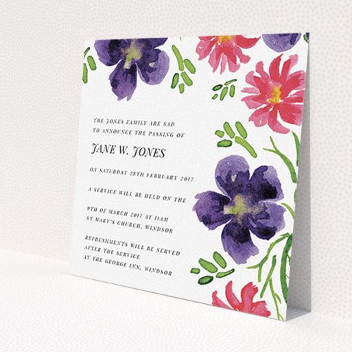 A funeral notification card design titled 'Flowers are coming'. It is a square (148mm x 148mm) card in a square orientation. 'Flowers are coming' is available as a flat card, with tones of white and purple.