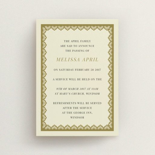 A funeral notification card named "Golden stage". It is an A6 card in a portrait orientation. "Golden stage" is available as a flat card, with tones of cream and gold.