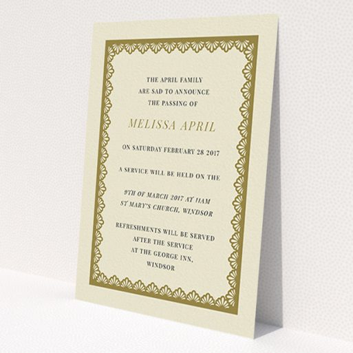 A funeral notification card named 'Golden stage'. It is an A6 card in a portrait orientation. 'Golden stage' is available as a flat card, with tones of cream and gold.