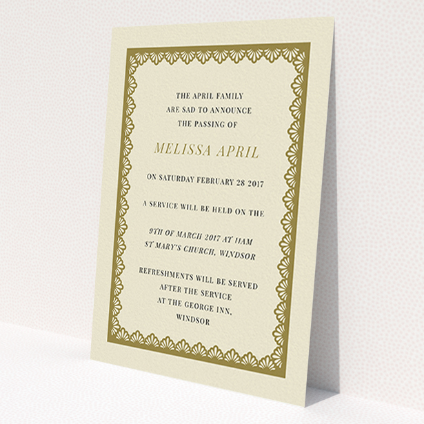 A funeral notification card named "Golden stage". It is an A6 card in a portrait orientation. "Golden stage" is available as a flat card, with tones of cream and gold.