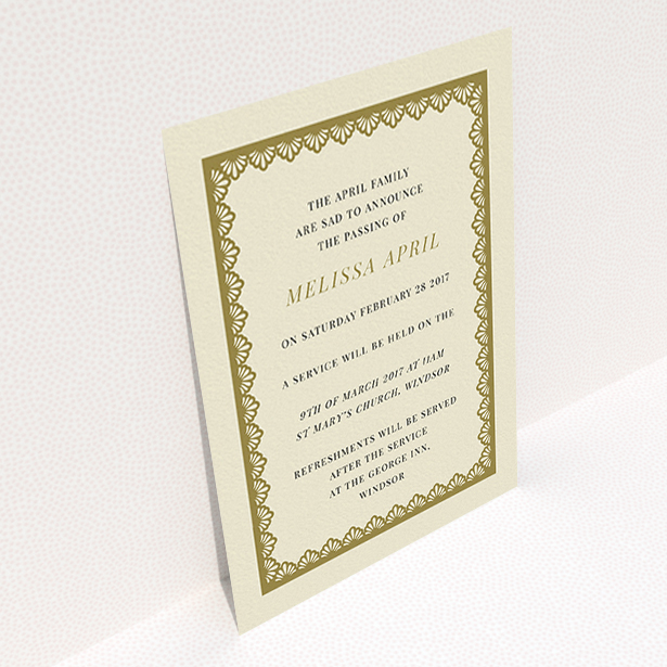 A funeral notification card named "Golden stage". It is an A6 card in a portrait orientation. "Golden stage" is available as a flat card, with tones of cream and gold.