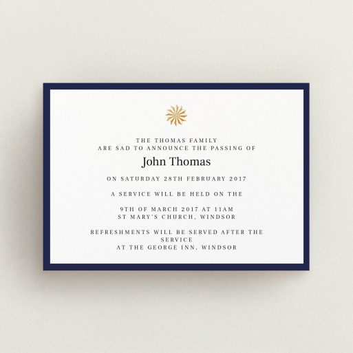 A funeral notification card design called "Golden sundial". It is an A6 card in a landscape orientation. "Golden sundial" is available as a flat card, with tones of navy blue and white.
