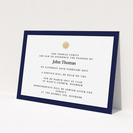 A funeral notification card design called 'Golden sundial'. It is an A6 card in a landscape orientation. 'Golden sundial' is available as a flat card, with tones of navy blue and white.
