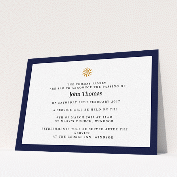 A funeral notification card design called "Golden sundial". It is an A6 card in a landscape orientation. "Golden sundial" is available as a flat card, with tones of navy blue and white.
