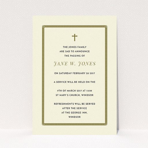 A funeral notification card design named "Ring border". It is an A5 card in a portrait orientation. "Ring border" is available as a flat card, with tones of cream and gold.