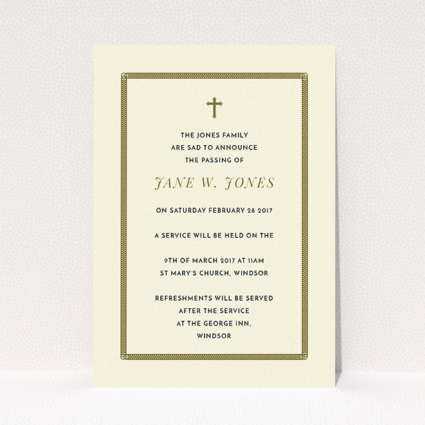 A funeral notification card design named "Ring border". It is an A5 card in a portrait orientation. "Ring border" is available as a flat card, with tones of cream and gold.