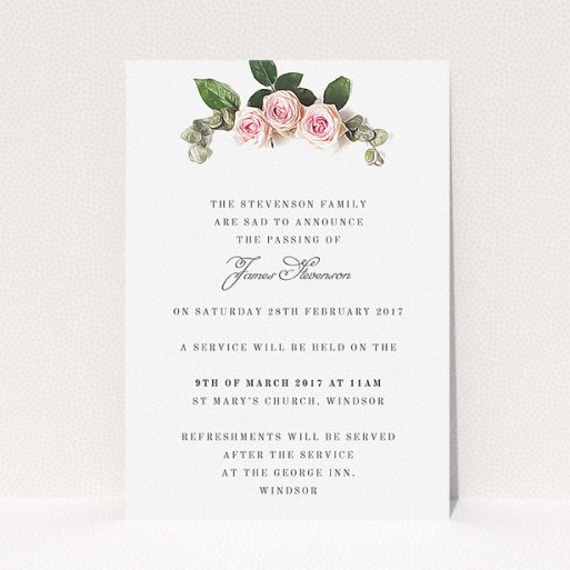 A funeral notification card design called "Rose Bouquet". It is an A5 card in a portrait orientation. "Rose Bouquet" is available as a flat card, with tones of pink and white.