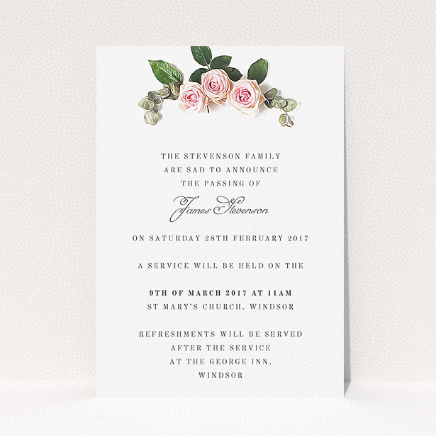 A funeral notification card design called "Rose Bouquet". It is an A5 card in a portrait orientation. "Rose Bouquet" is available as a flat card, with tones of pink and white.