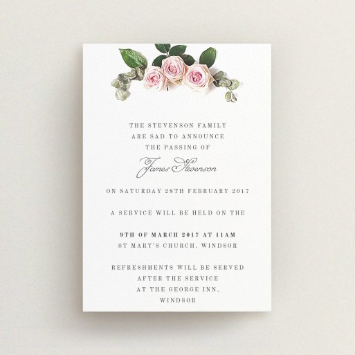 A funeral notification card design called "Rose Bouquet". It is an A6 card in a portrait orientation. "Rose Bouquet" is available as a flat card, with tones of pink and white.