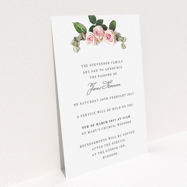 A funeral notification card design called "Rose Bouquet". It is an A6 card in a portrait orientation. "Rose Bouquet" is available as a flat card, with tones of pink and white.