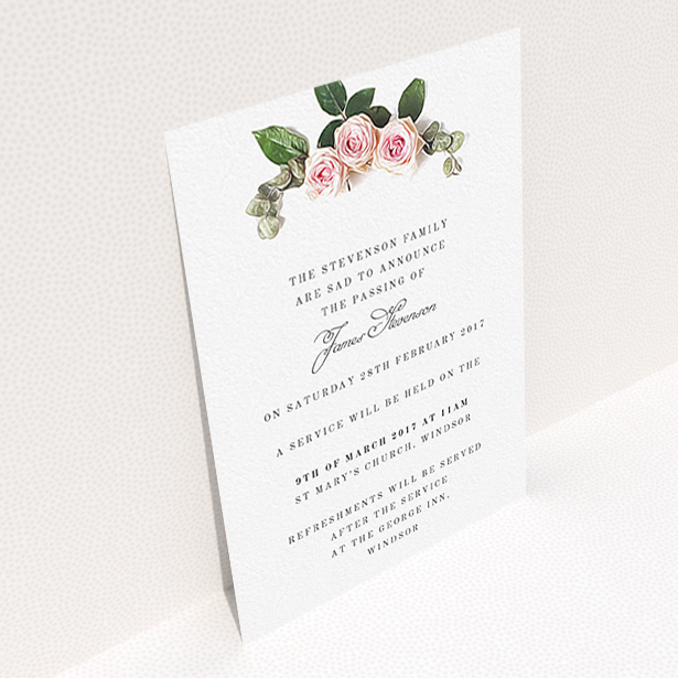 A funeral notification card design called "Rose Bouquet". It is an A6 card in a portrait orientation. "Rose Bouquet" is available as a flat card, with tones of pink and white.