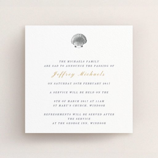 A funeral notification card template titled "Simple shell". It is a square (148mm x 148mm) card in a square orientation. "Simple shell" is available as a flat card, with tones of white and gold.