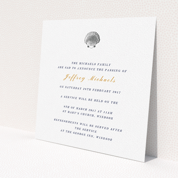 A funeral notification card template titled "Simple shell". It is a square (148mm x 148mm) card in a square orientation. "Simple shell" is available as a flat card, with tones of white and gold.