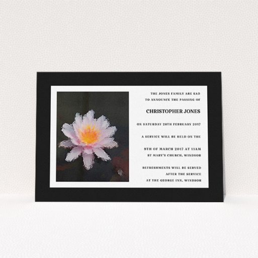 A funeral notification card design titled "Single Water Lily". It is an A5 card in a landscape orientation. "Single Water Lily" is available as a flat card, with tones of black and white.