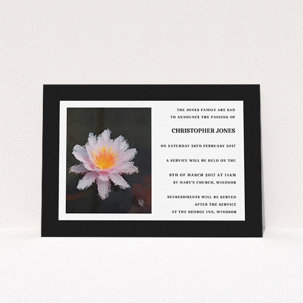 A funeral notification card design titled "Single Water Lily". It is an A5 card in a landscape orientation. "Single Water Lily" is available as a flat card, with tones of black and white.