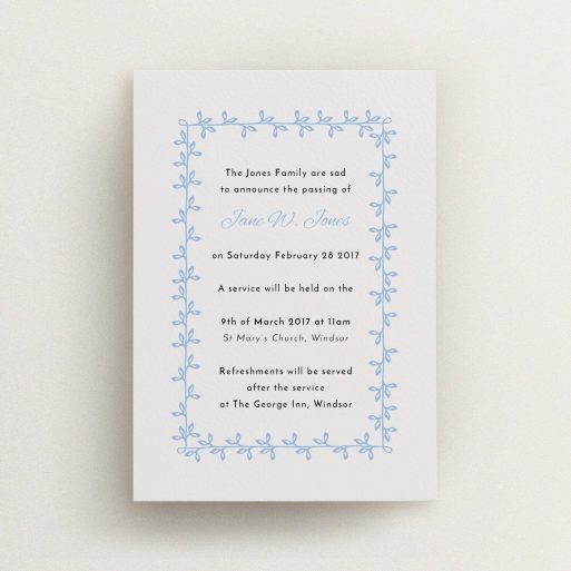 A funeral notification card design named "Vine onto vine". It is an A6 card in a portrait orientation. "Vine onto vine" is available as a flat card, with tones of light grey and blue.