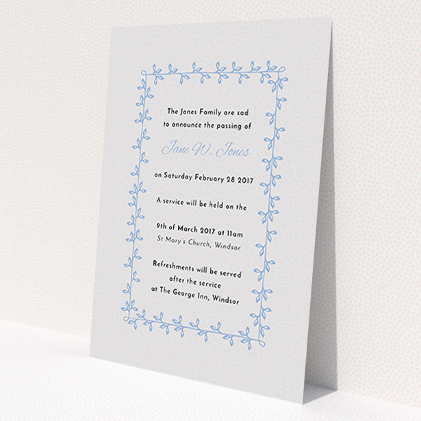 A funeral notification card design named 'Vine onto vine'. It is an A6 card in a portrait orientation. 'Vine onto vine' is available as a flat card, with tones of light grey and blue.