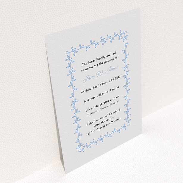A funeral notification card design named "Vine onto vine". It is an A6 card in a portrait orientation. "Vine onto vine" is available as a flat card, with tones of light grey and blue.