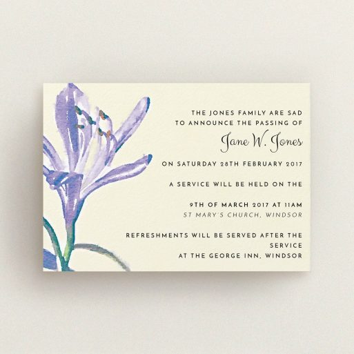 A funeral notification card template titled "Violets in watercolour". It is an A6 card in a landscape orientation. "Violets in watercolour" is available as a flat card, with tones of cream, green and light purple.