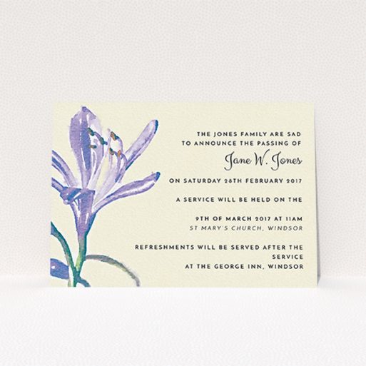 A funeral notification card template titled "Violets in watercolour". It is an A6 card in a landscape orientation. "Violets in watercolour" is available as a flat card, with tones of cream, green and light purple.