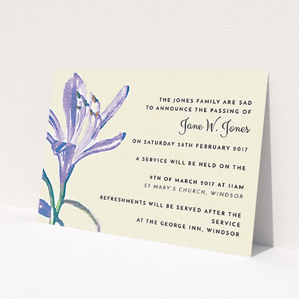 A funeral notification card template titled "Violets in watercolour". It is an A6 card in a landscape orientation. "Violets in watercolour" is available as a flat card, with tones of cream, green and light purple.