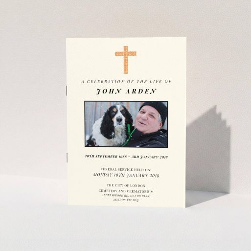 A funeral order of service called "A celebration". It is an A5 booklet in a portrait orientation. It is a photographic funeral order of service with room for 1 photo. "A celebration" is available as a folded booklet booklet, with tones of cream and orange.