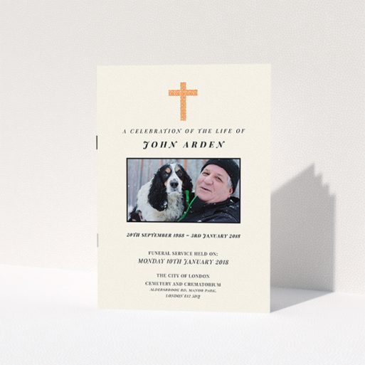 A funeral order of service called "A celebration". It is an A5 booklet in a portrait orientation. It is a photographic funeral order of service with room for 1 photo. "A celebration" is available as a folded booklet booklet, with tones of cream and orange.