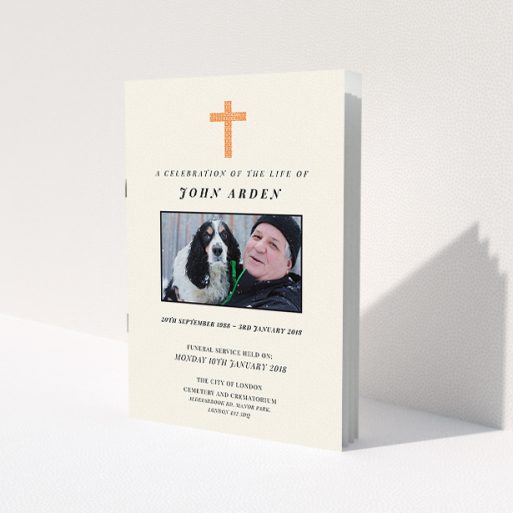 A funeral order of service called 'A celebration'. It is an A5 booklet in a portrait orientation. It is a photographic funeral order of service with room for 1 photo. 'A celebration' is available as a folded booklet booklet, with tones of cream and orange.