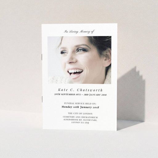 A funeral order of service design called "A simple vision". It is an A5 booklet in a portrait orientation. It is a photographic funeral order of service with room for 1 photo. "A simple vision" is available as a folded booklet booklet, with mainly white colouring.