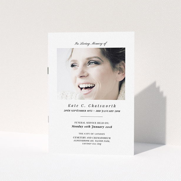 A funeral order of service design called "A simple vision". It is an A5 booklet in a portrait orientation. It is a photographic funeral order of service with room for 1 photo. "A simple vision" is available as a folded booklet booklet, with mainly white colouring.