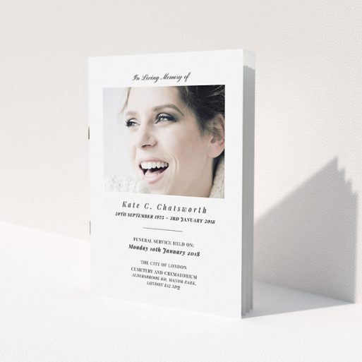 A funeral order of service design called 'A simple vision'. It is an A5 booklet in a portrait orientation. It is a photographic funeral order of service with room for 1 photo. 'A simple vision' is available as a folded booklet booklet, with mainly white colouring.