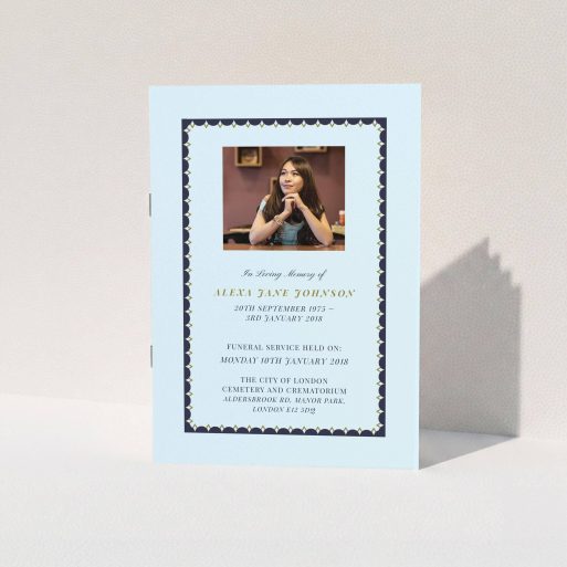A funeral order of service template titled "Along with our blue". It is an A5 booklet in a portrait orientation. It is a photographic funeral order of service with room for 1 photo. "Along with our blue" is available as a folded booklet booklet, with mainly blue colouring.