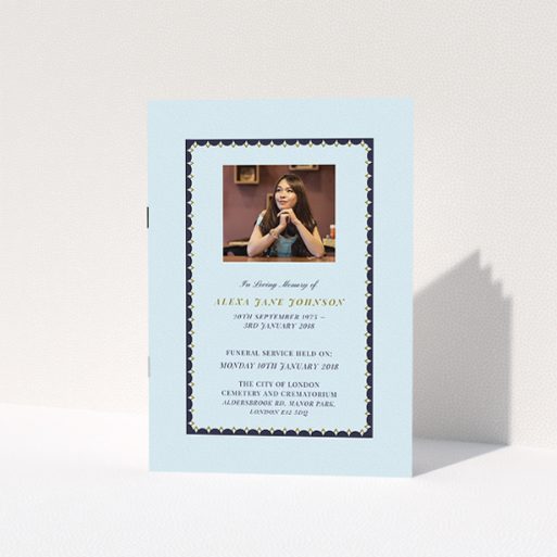 A funeral order of service template titled "Along with our blue". It is an A5 booklet in a portrait orientation. It is a photographic funeral order of service with room for 1 photo. "Along with our blue" is available as a folded booklet booklet, with mainly blue colouring.