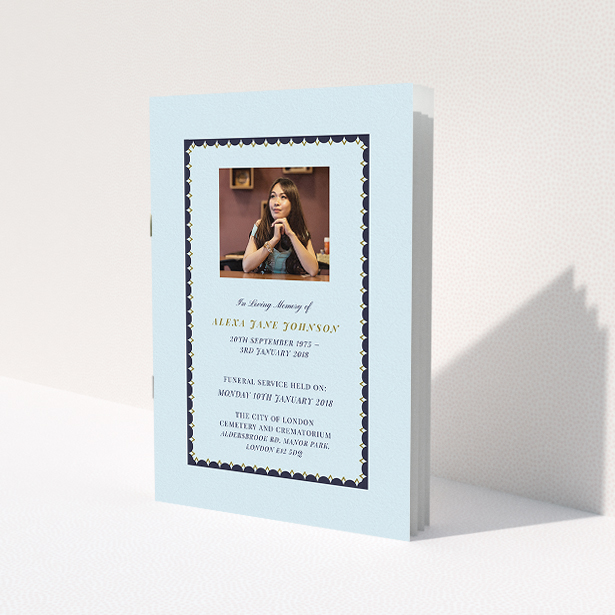 A funeral order of service template titled 'Along with our blue'. It is an A5 booklet in a portrait orientation. It is a photographic funeral order of service with room for 1 photo. 'Along with our blue' is available as a folded booklet booklet, with mainly blue colouring.