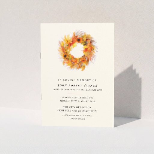 A funeral order of service called "Autumnal circle". It is an A5 booklet in a portrait orientation. "Autumnal circle" is available as a folded booklet booklet, with tones of orange and cream.