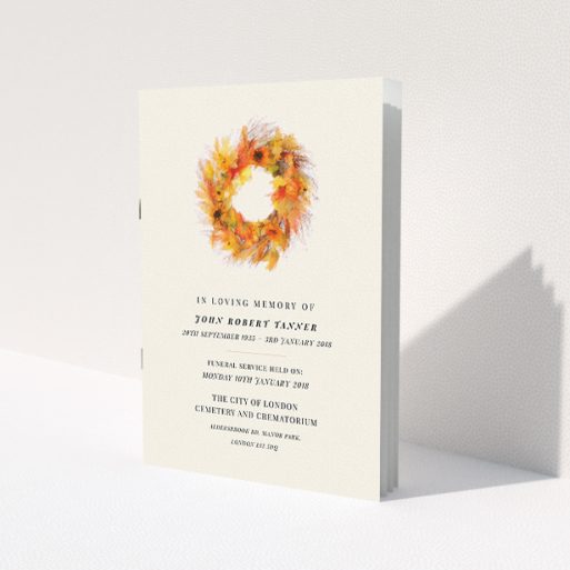 A funeral order of service called 'Autumnal circle'. It is an A5 booklet in a portrait orientation. 'Autumnal circle' is available as a folded booklet booklet, with tones of orange and cream.