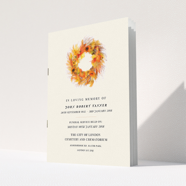 A funeral order of service called "Autumnal circle". It is an A5 booklet in a portrait orientation. "Autumnal circle" is available as a folded booklet booklet, with tones of orange and cream.