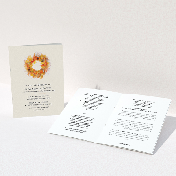 A funeral order of service called "Autumnal circle". It is an A5 booklet in a portrait orientation. "Autumnal circle" is available as a folded booklet booklet, with tones of orange and cream.