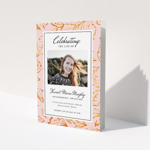 A funeral order of service named 'autumnal peace. It is an A5 booklet in a portrait orientation. It is a photographic funeral program with room for 1 photo. 'autumnal peace' is available as a folded booklet booklet, with tones of light pink and .