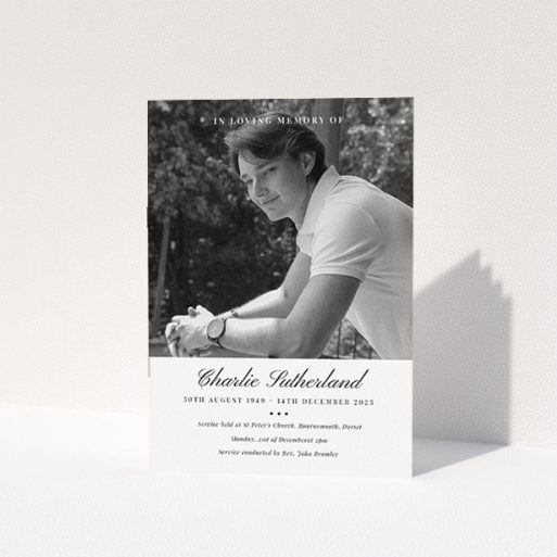 A funeral order of service named "Bold Elegance. It is an A5 booklet in a portrait orientation. It is a photographic funeral program with room for 1 photo. "Bold Elegance" is available as a folded booklet booklet, with splashes of white.